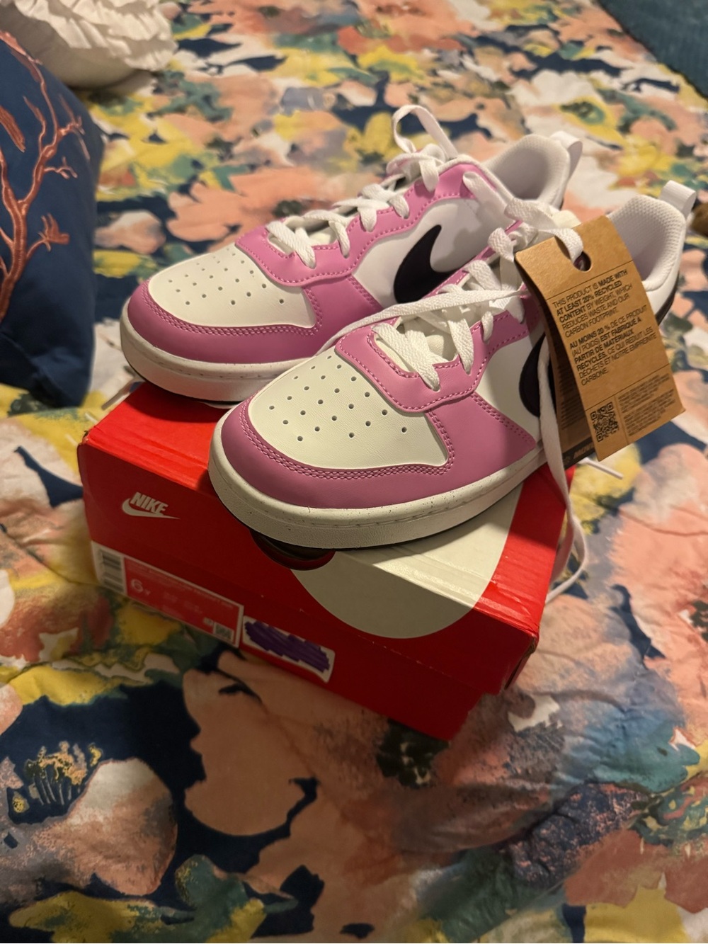 Nike Kids Pink and White Low-Top Sneakers with Black Swoosh
